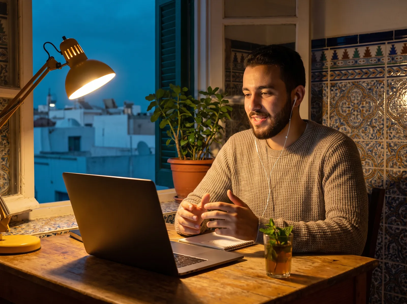 Illustration : un candidat à Tunis passe un entretien sur son ordinateur, chez lui, le soir