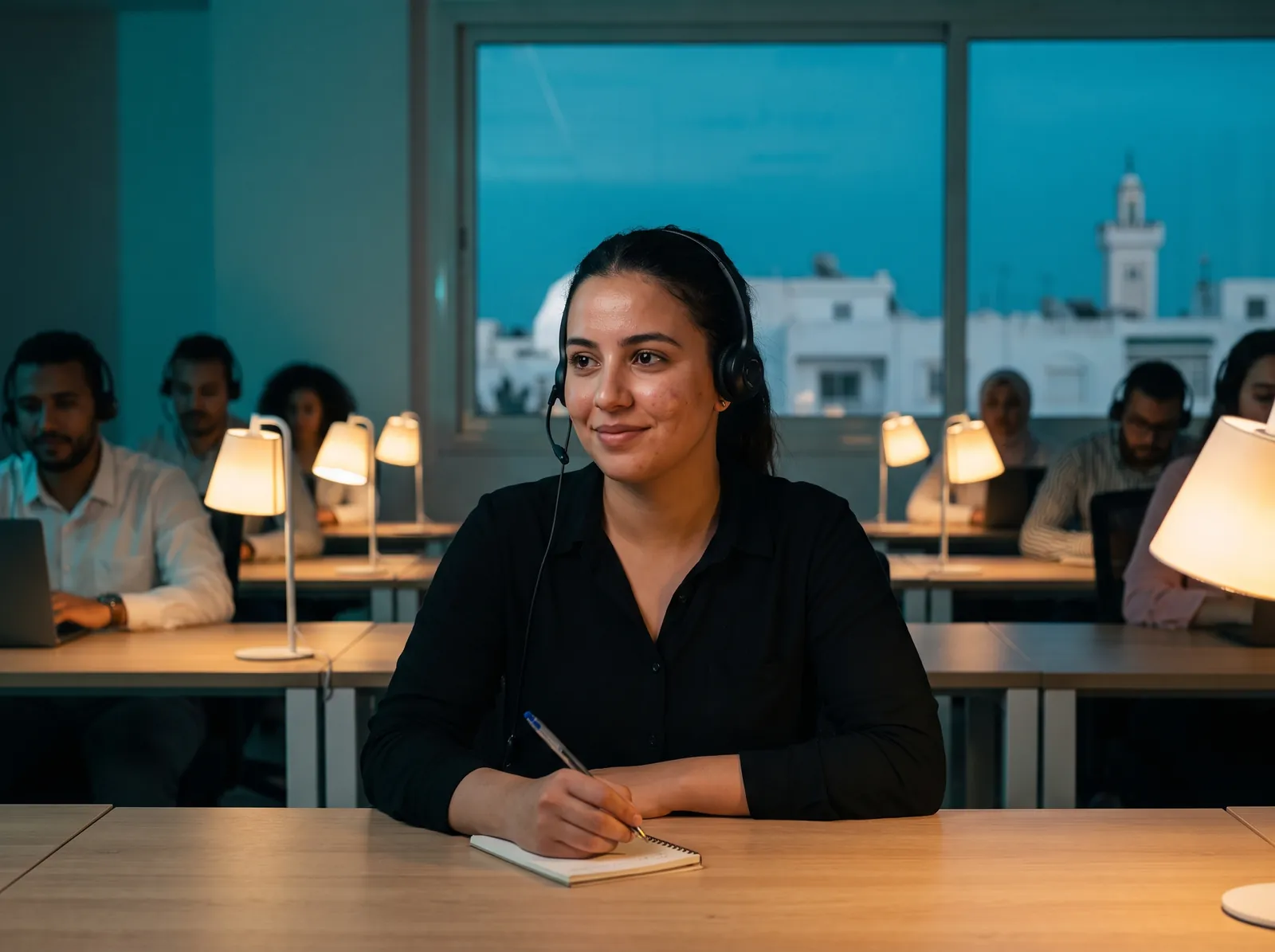 Illustration: a contact-centre advisor in Tunis on a headset, at dusk
