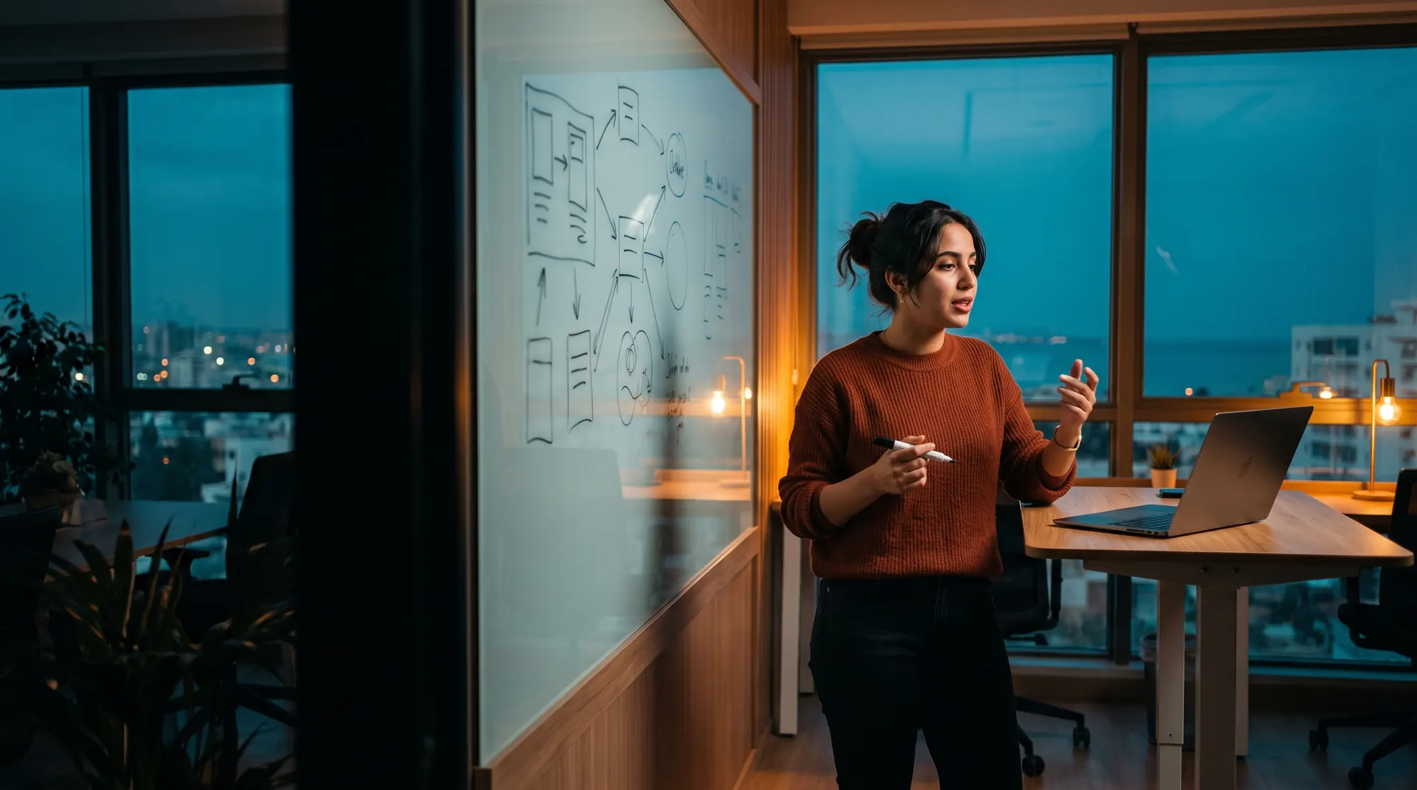 Illustration : une ingénieure logiciel à Tunis explique une architecture sur un tableau blanc en verre, le soir