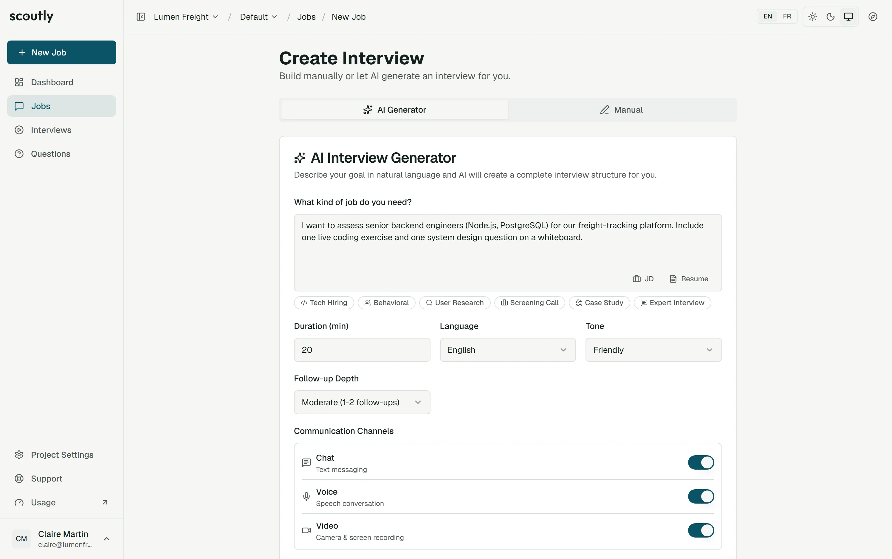 The AI Interview Generator with the one-sentence brief for a senior backend engineer