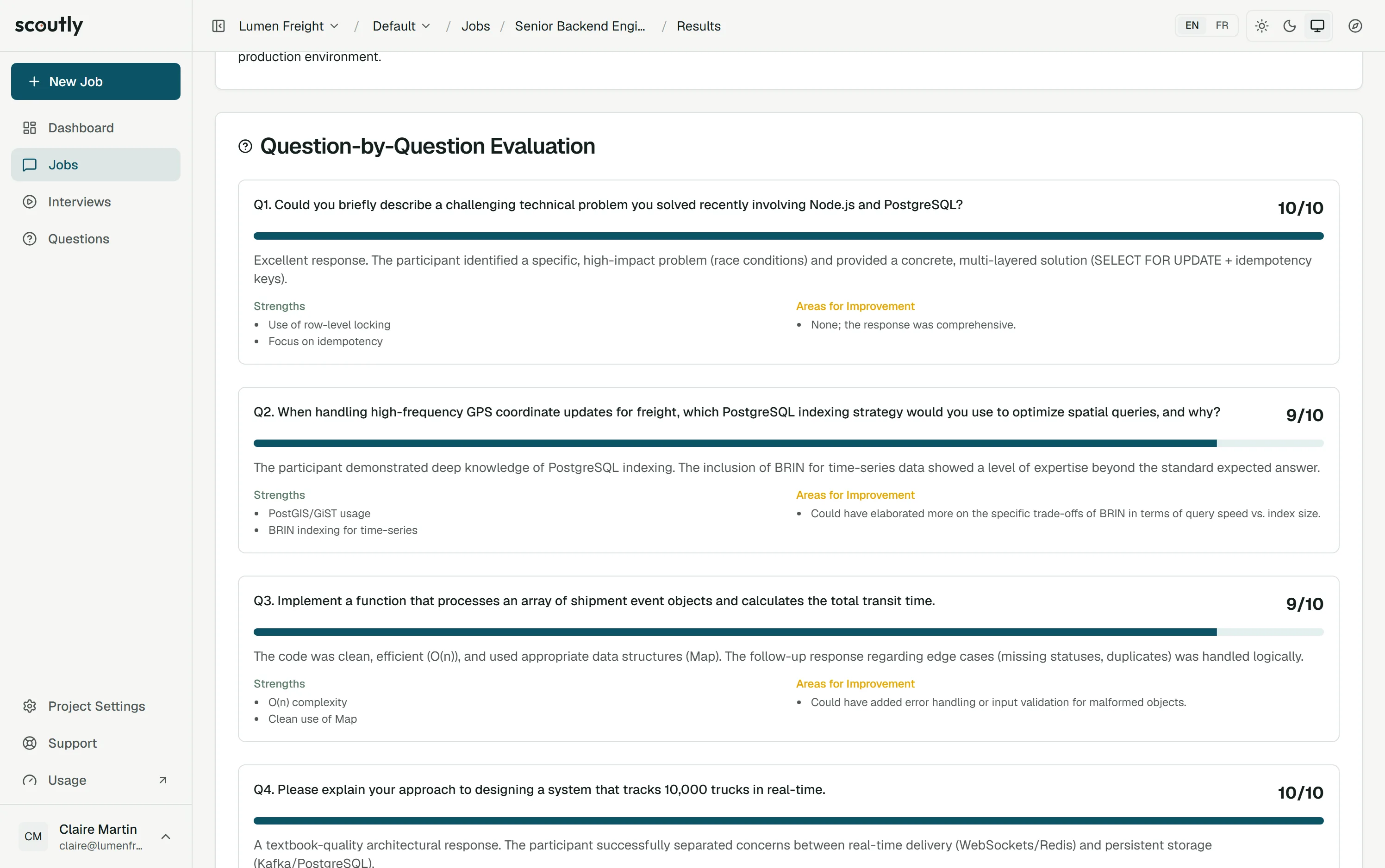 Question-by-question evaluation with a score, the reasoning, strengths and areas for improvement