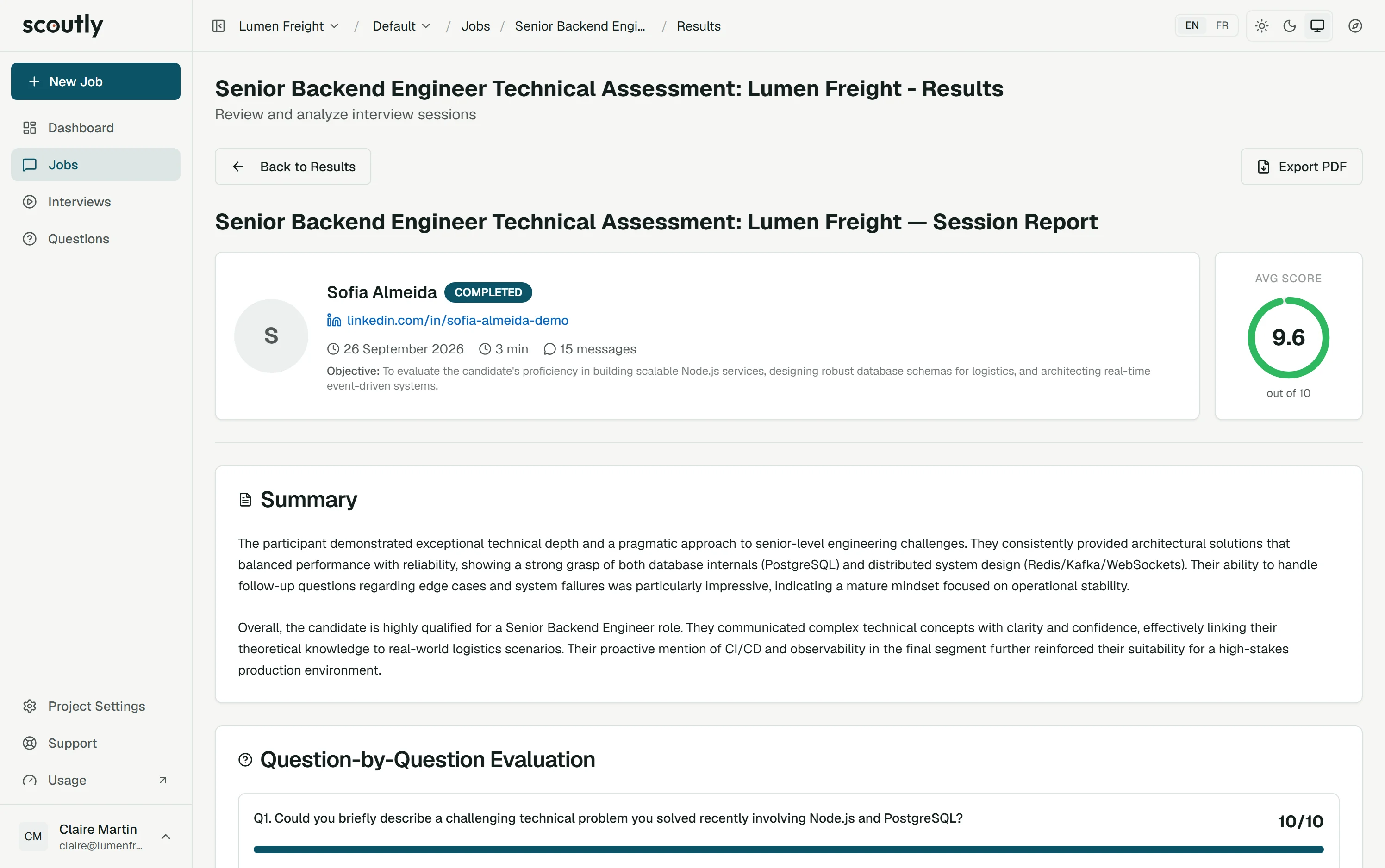 Sofia Almeida's session report with the summary and an average score of 9.6 out of 10